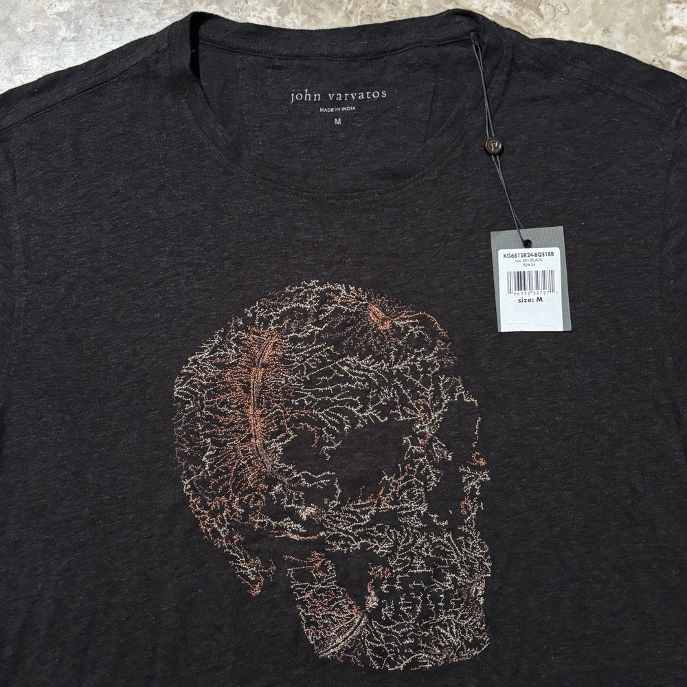 John Varvatos Shirt Mens Medium Black Embroidered Skull Roots Abstract Art